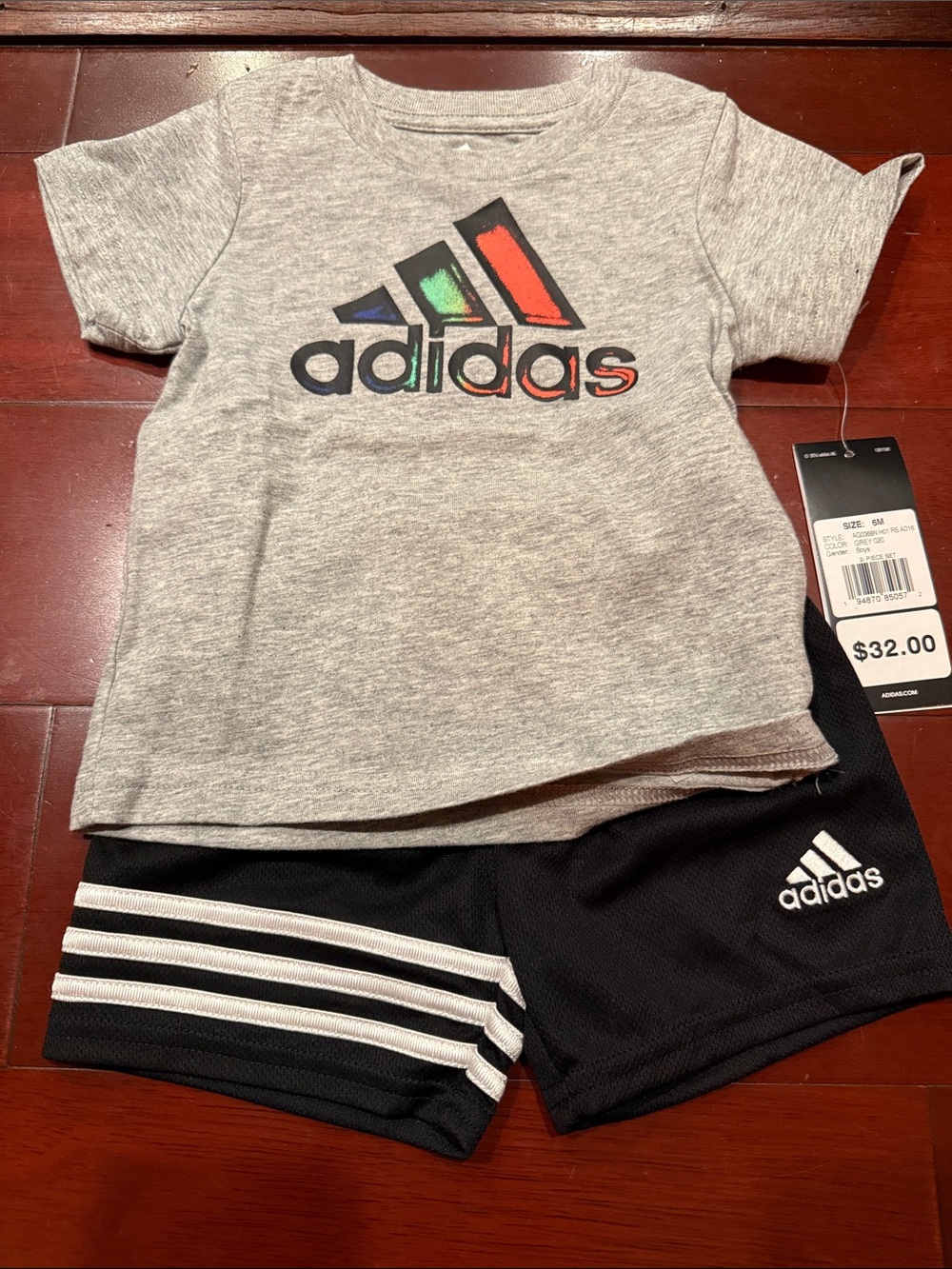 adidas Gray Tee with Multicolor Logo & Black Shorts Set
